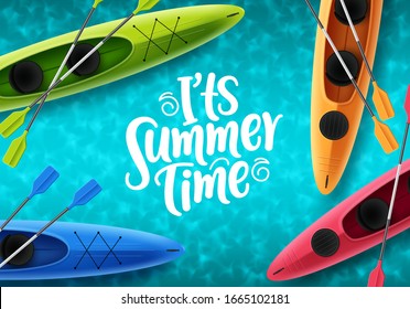 It's summer time vector banner design. Beach elements like colorful floating kayak boat and summer time text in blue space top view background for holiday season. Vector illustration.
