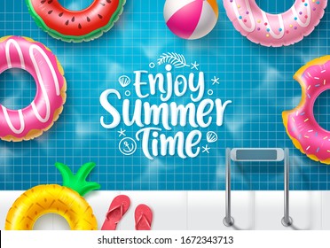 Summer time vector banner design. Enjoy summer text in top view swimming pool background with colorful floating summer elements like floaters and beach ball for holiday summer vacation. Vector