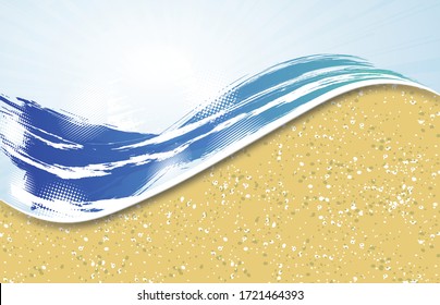 Summer time vector banner design with sand and colorful beach elements in background. Vector illustration.