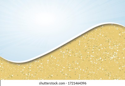 Diseño de banner vectorial de verano con arena y elementos coloridos de la playa en segundo plano. Ilustración vectorial.