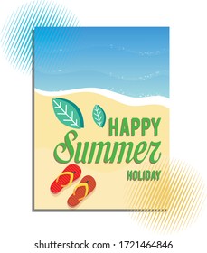 Summer time vector banner design with sand and colorful beach elements in background. Vector illustration.