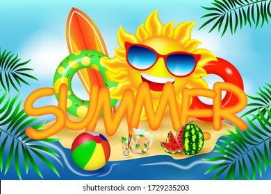 Diseño de banner vectorial de verano con círculo blanco para texto y playa colorida. Textura de moda. Vocación de temporada, fin de semana, logo de vacaciones.