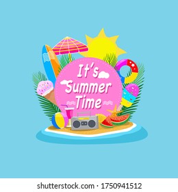 Summer time vector banner design space for text and colorful beach elements. Vector illustration.