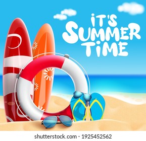 Summer time vector banner design. It's summer time text with beach element like surfboard, lifebuoy and sunglasses in sea and sand background for fun, enjoy and relax vacation. Vector illustration  
