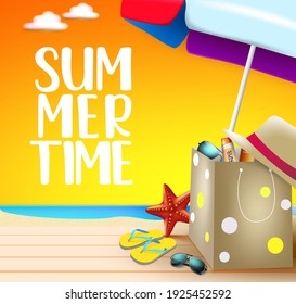 Summer time vector banner design. Summer time text in beach sunset background withp paper bag, umbrella and essentials like sunblock element for outdoor tropical season. Vector illustration
