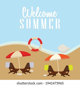 Sommerzeit Vektorbanner-Design mit weißem Kreis für Text und bunte Strandelemente auf weißem Hintergrund