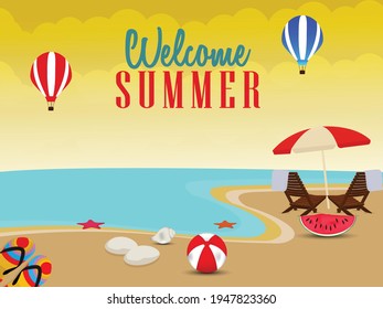 Summer time vector banner design with white circle for text and colorful beach elements in white background