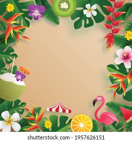 Summer time vector banner design with colorful beach, flowers, fruit, sea, nature, Summer drink,under the sea, sun elements in background.