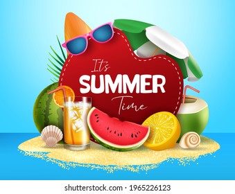 Summer time vector banner design. It's summer text in island with tropical fruit like watermelon, orange and coconut juice element for summer season background. Vector illustration
