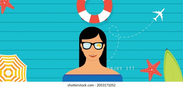 Diseño de banner vectorial de verano con lugar para texto y elementos coloridos de playa en fondo azul.