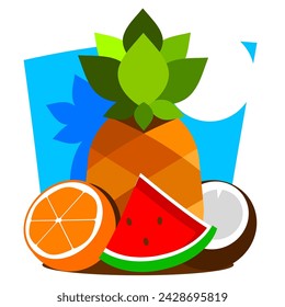 Summer time vector banner design with white circle for text and colorful beach elements in white background. Vector illustration.
