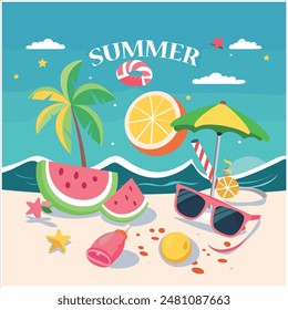 Summer time vector banner design with colorful beach elements . Vector illustration.