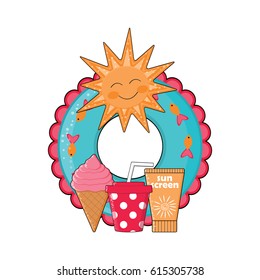 Summer time vector banner design with colorful beach elements in white background. Summer beach. Vector icon