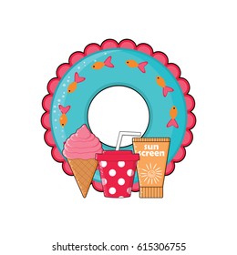 Summer time vector banner design with colorful beach elements in white background. Vector icon