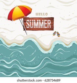 Summer time vector banner design with wood plate for text and colorful beach elements on background sea waves. Vector illustration