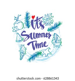  Summer time vector banner design with circle for text and beach elements