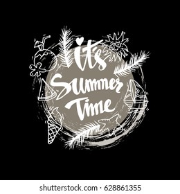  Summer time vector banner design with circle for text and beach elements
