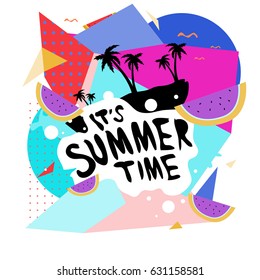 Summer time vector banner design with white abstract background for text and colorful tropical beach elements. Vector illustration template for event. 
