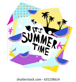 Summer time vector banner design with white abstract background for text and colorful tropical beach elements. Vector illustration template for event. 