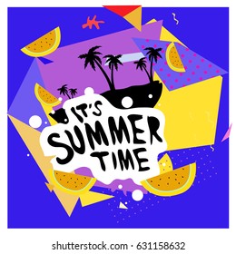 Summer time vector banner design with white abstract background for text and colorful tropical beach elements. Vector illustration template for event. 