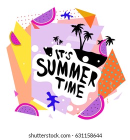 Summer time vector banner design with white abstract background for text and colorful tropical beach elements. Vector illustration template for event. 