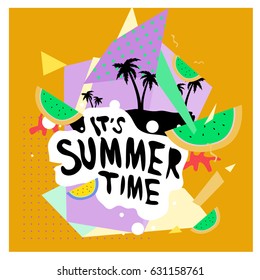 Summer time vector banner design with white abstract background for text and colorful tropical beach elements. Vector illustration template for event. 