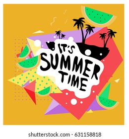 Summer time vector banner design with white abstract background for text and colorful tropical beach elements. Vector illustration template for event. 