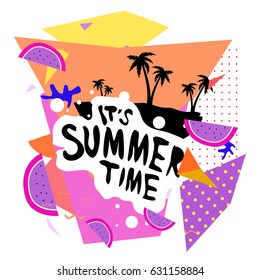 Summer time vector banner design with white abstract background for text and colorful tropical beach elements. Vector illustration template for event. 