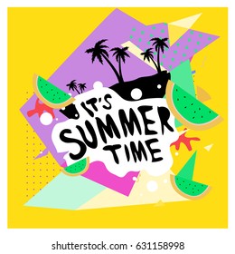 Summer time vector banner design with white abstract background for text and colorful tropical beach elements. Vector illustration template for event. 