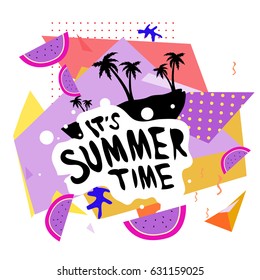 Summer time vector banner design with white abstract background for text and colorful tropical beach elements. Vector illustration template for event. 