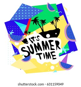 Summer time vector banner design with white abstract background for text and colorful tropical beach elements. Vector illustration template for event. 