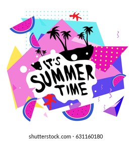 Summer time vector banner design with white abstract background for text and colorful tropical beach elements. Vector illustration template for event. 