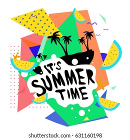 Summer time vector banner design with white abstract background for text and colorful tropical beach elements. Vector illustration template for event. 