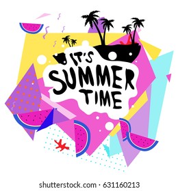 Summer time vector banner design with white abstract background for text and colorful tropical beach elements. Vector illustration template for event. 