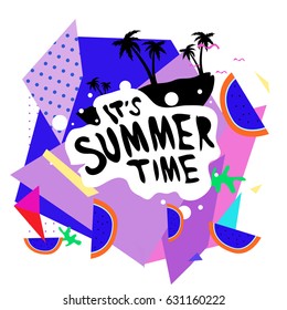 Summer time vector banner design with white abstract background for text and colorful tropical beach elements. Vector illustration template for event. 