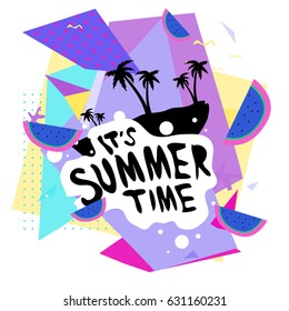 Summer time vector banner design with white abstract background for text and colorful tropical beach elements. Vector illustration template for event. 