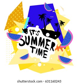 Summer time vector banner design with white abstract background for text and colorful tropical beach elements. Vector illustration template for event. 