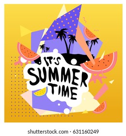 Summer time vector banner design with white abstract background for text and colorful tropical beach elements. Vector illustration template for event. 