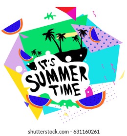 Summer time vector banner design with white abstract background for text and colorful tropical beach elements. Vector illustration template for event. 