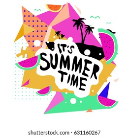 Summer time vector banner design with white abstract background for text and colorful tropical beach elements. Vector illustration template for event. 