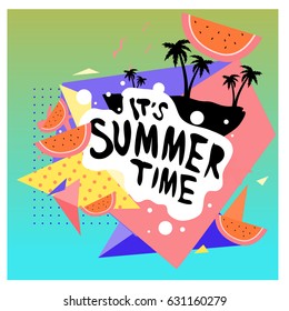 Summer time vector banner design with white abstract background for text and colorful tropical beach elements. Vector illustration template for event. 