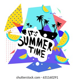 Summer time vector banner design with white abstract background for text and colorful tropical beach elements. Vector illustration template for event. 