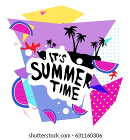 Summer time vector banner design with white abstract background for text and colorful tropical beach elements. Vector illustration template for event. 