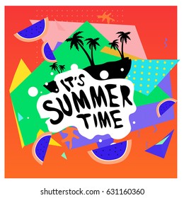 Summer time vector banner design with white abstract background for text and colorful tropical beach elements. Vector illustration template for event. 