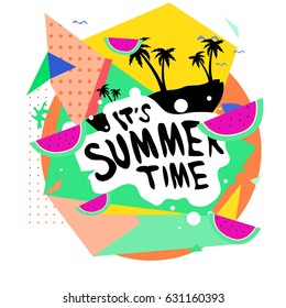 Summer time vector banner design with white abstract background for text and colorful tropical beach elements. Vector illustration template for event. 
