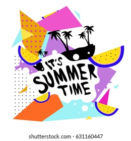 Summer time vector banner design with white abstract background for text and colorful tropical beach elements. Vector illustration template for event. 