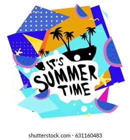 Summer time vector banner design with white abstract background for text and colorful tropical beach elements. Vector illustration template for event. 