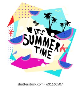Summer time vector banner design with white abstract background for text and colorful tropical beach elements. Vector illustration template for event. 