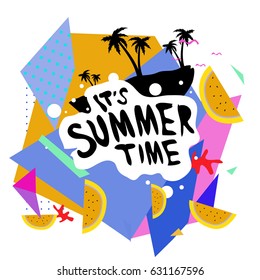 Summer time vector banner design with white abstract background for text and colorful tropical beach elements. Vector illustration template for event. 
