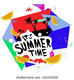Summer time vector banner design with white abstract background for text and colorful tropical beach elements. Vector illustration template for event. 